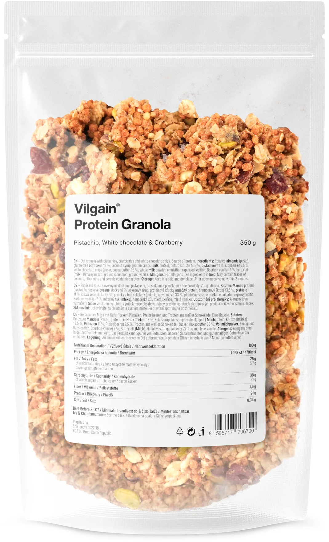Vilgain Protein Granola Pist�cie, biela �okol�da a brusnice 350g